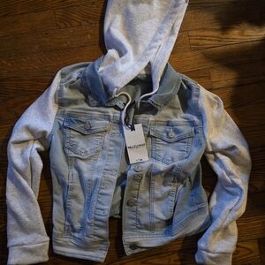 Wildflowers Light Wash Denim Jacket with Heather Gray Hood & Sleeves